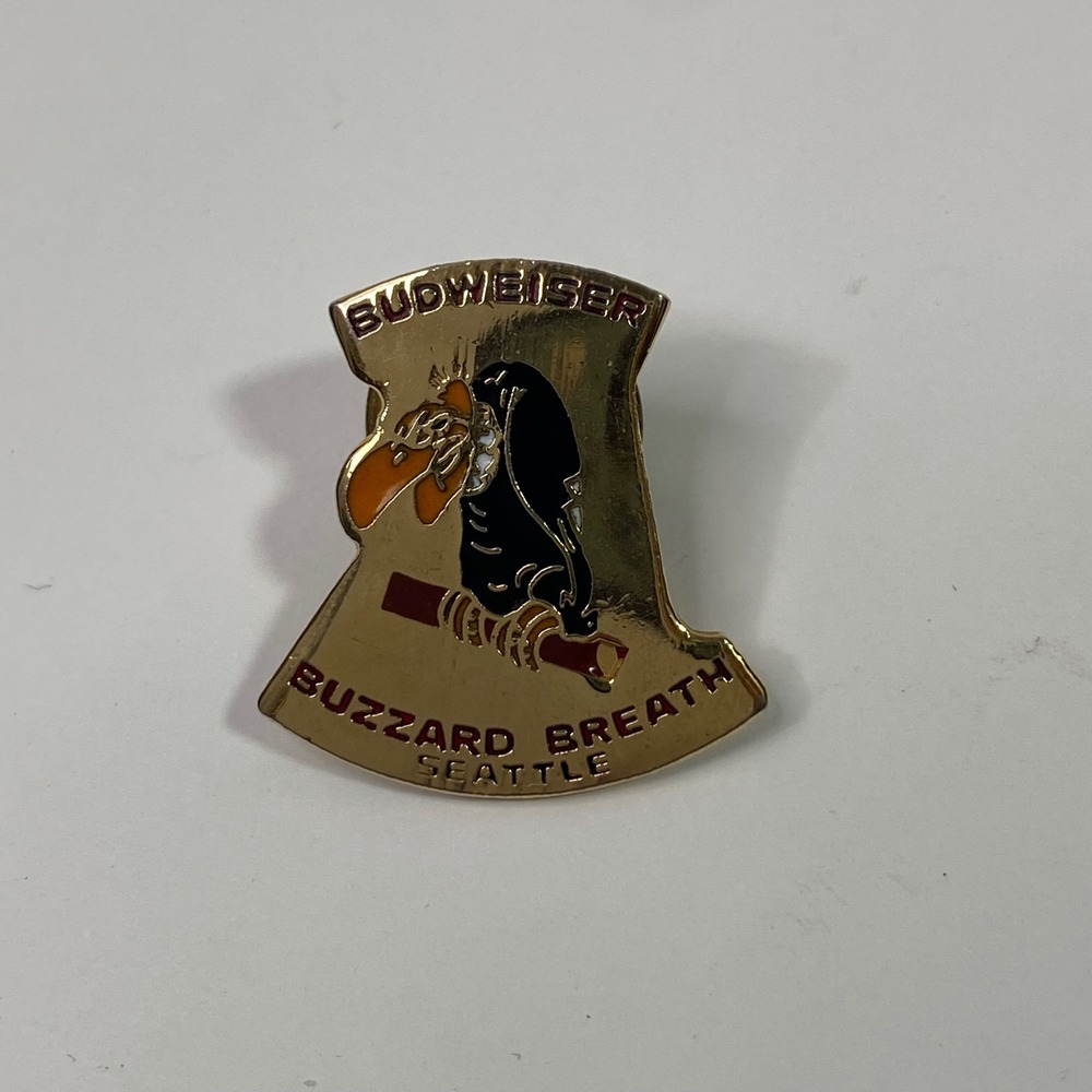 Vintage Budweiser Buzzard Breath Seattle Enamel Pin Gold Tone Beer Memorabilia